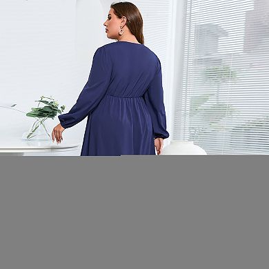 Plus Size Women's Long Sleeve V-Neck Side Slit Flattering Cross Over Front Casual Maxi Dress