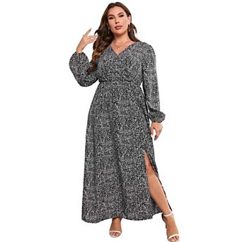 Plus Size Women's Long Sleeve V-Neck Side Slit Flattering Cross Over Front Casual Maxi Dress