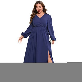 Plus Size Women's Long Sleeve V-Neck Side Slit Flattering Cross Over Front Casual Maxi Dress