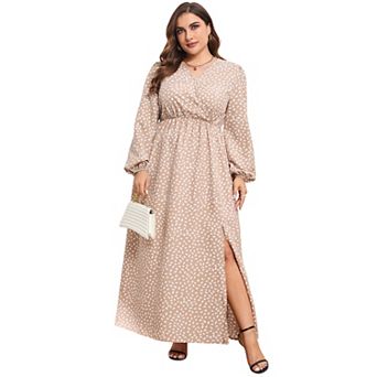 Plus Size Women's Long Sleeve V-Neck Side Slit Flattering Cross Over Front Casual Maxi Dress