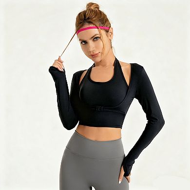 Women's Long Sleeve Workout Cropped Top Fake Two-Piece Sports Yoga Activewear