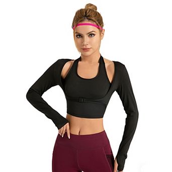 Women's Long Sleeve Workout Cropped Top Fake Two-Piece Sports Yoga Activewear