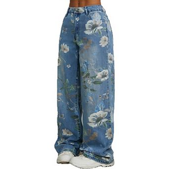 Women's Boho Floral Printed Wide Leg Jeans High Waist Vintage Denim Trousers