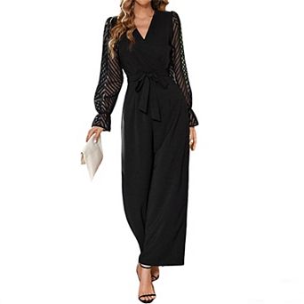 Women's Elegant Lace Sleeve Jumpsuit Dressy V Neck Belted Wide Leg Formal Romper