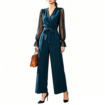 Women's Elegant Lace Sleeve Jumpsuit Dressy V Neck Belted Wide Leg Formal Romper