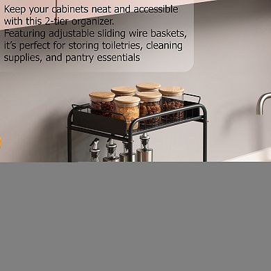 Basicwise Under Sink Organizer Sliding Wire Baskets Adjustable 2-Tier Metal Storage Rack