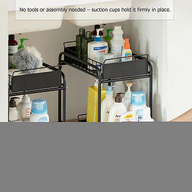 Basicwise Under Sink Organizer Sliding Wire Baskets Adjustable 2-Tier Metal Storage Rack