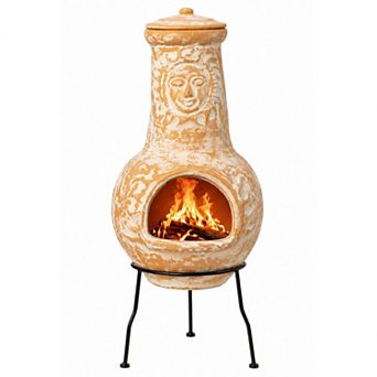 Outdoor Clay Chiminea Fireplace Sun Design Wood Burning Fire Pit With Sturdy Metal Stand