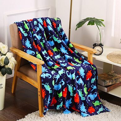 Plazatex Holiday Navy Dinosaur Design Micro Plush Throw Blanket