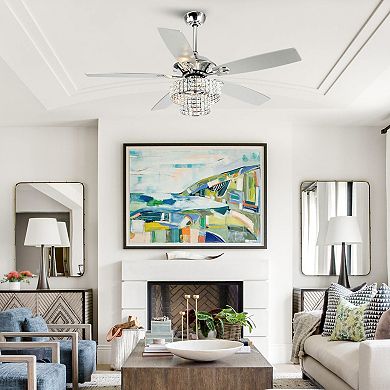 52" Modern Wooden 5-blade Glam Crystal Ceiling Fan with Remote