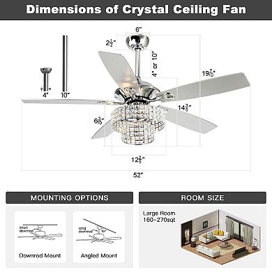 52" Modern Wooden 5-blade Glam Crystal Ceiling Fan with Remote