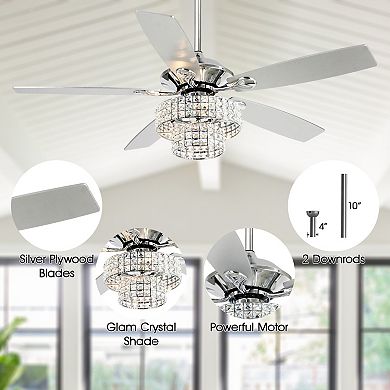 52" Modern Wooden 5-blade Glam Crystal Ceiling Fan with Remote