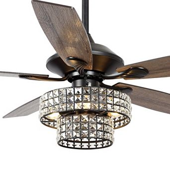 52" Modern Wooden 5-blade Glam Crystal Ceiling Fan with Remote