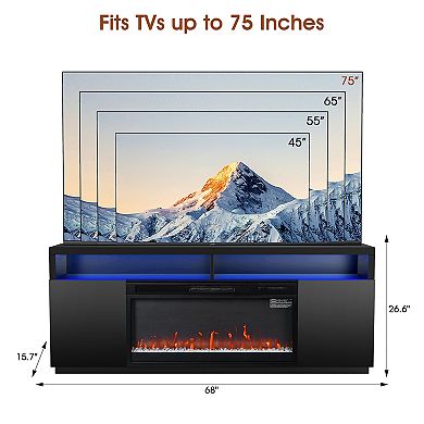 68" RGB LED Fireplace TV Stand with Storage and 36" Insert Electric Fireplace for TVs up to 78"