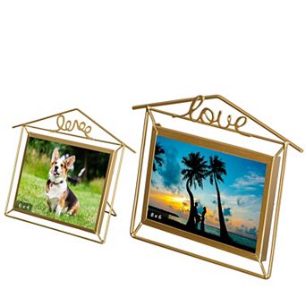 Fabulaxe Set of 2 Decorative Gold Metal Horizontal Floating Picture Frames with Easel Back