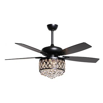 52" Modern 5-Blade Black Crystal Chandelier Ceiling Fan with Remote