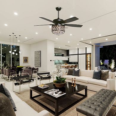 52" Modern 5-Blade Black Crystal Chandelier Ceiling Fan with Remote