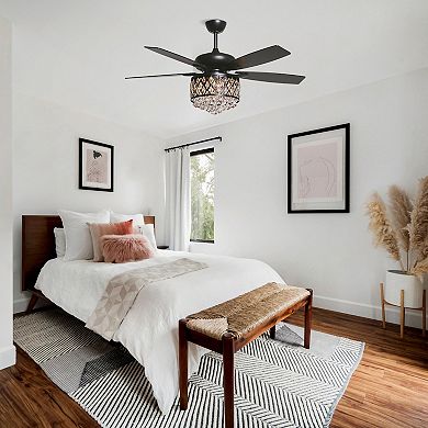52" Modern 5-Blade Black Crystal Chandelier Ceiling Fan with Remote