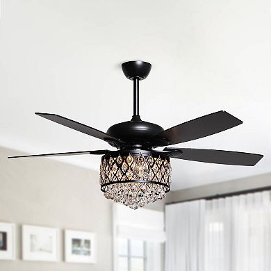 52" Modern 5-Blade Black Crystal Chandelier Ceiling Fan with Remote