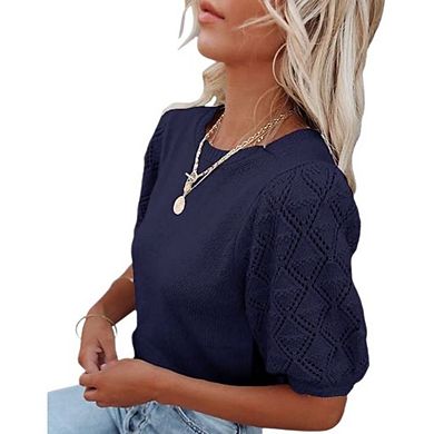 Womens Short Sleeve Sweaters Crewneck Knit Pullover Tops Summer Casual Lightweight Sweaters