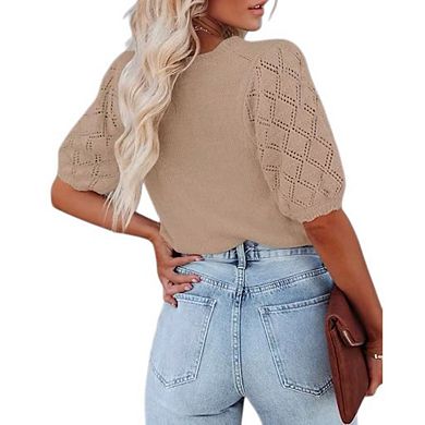 Womens Short Sleeve Sweaters Crewneck Knit Pullover Tops Summer Casual Lightweight Sweaters