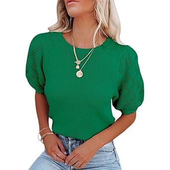 Womens Short Sleeve Sweaters Crewneck Knit Pullover Tops Summer Casual Lightweight Sweaters