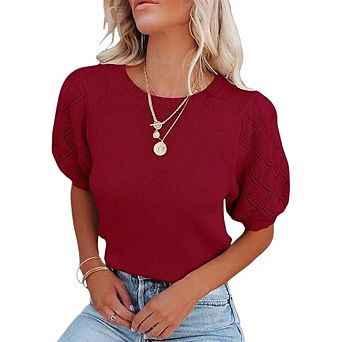 Womens Short Sleeve Sweaters Crewneck Knit Pullover Tops Summer Casual Lightweight Sweaters