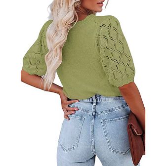 Womens Short Sleeve Sweaters Crewneck Knit Pullover Tops Summer Casual Lightweight Sweaters