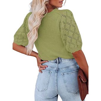 Womens Short Sleeve Sweaters Crewneck Knit Pullover Tops Summer Casual Lightweight Sweaters