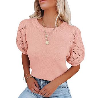 Womens Short Sleeve Sweaters Crewneck Knit Pullover Tops Summer Casual Lightweight Sweaters