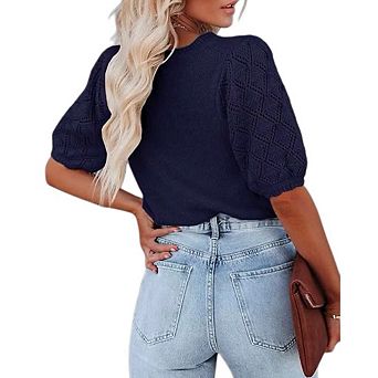 Womens Short Sleeve Sweaters Crewneck Knit Pullover Tops Summer Casual Lightweight Sweaters