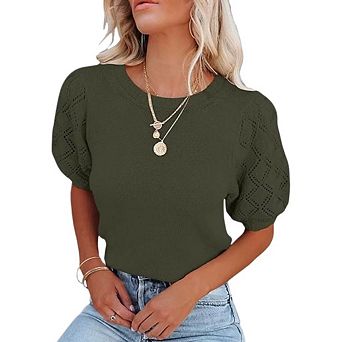 Womens Short Sleeve Sweaters Crewneck Knit Pullover Tops Summer Casual Lightweight Sweaters