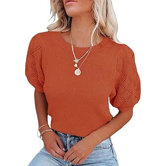Womens Short Sleeve Sweaters Crewneck Knit Pullover Tops Summer Casual Lightweight Sweaters