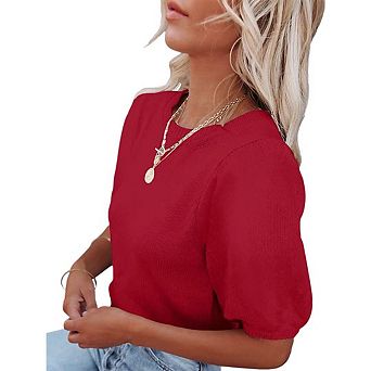 Womens Short Sleeve Sweaters Crewneck Knit Pullover Tops Summer Casual Lightweight Sweaters