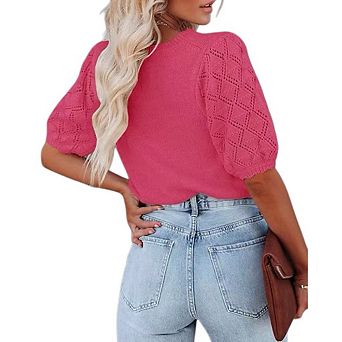 Womens Short Sleeve Sweaters Crewneck Knit Pullover Tops Summer Casual Lightweight Sweaters