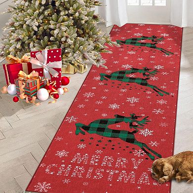 Christmas rug with snow and reindeer pattern, suitable for home decoration indoor non-slip rug