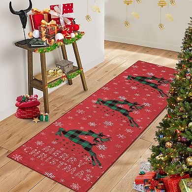 Christmas rug with snow and reindeer pattern, suitable for home decoration indoor non-slip rug