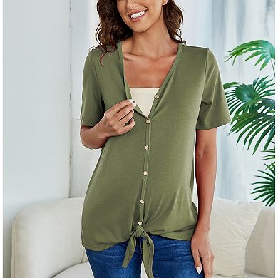 Women Maternity Short Sleeve V Neck T Shirts Summer Casual Button Nursing Top Tie Knot Tunic Blouse