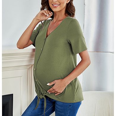 Women Maternity Short Sleeve V Neck T Shirts Summer Casual Button Nursing Top Tie Knot Tunic Blouse