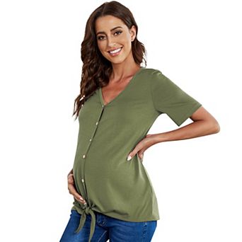 Women Maternity Short Sleeve V Neck T Shirts Summer Casual Button Nursing Top Tie Knot Tunic Blouse