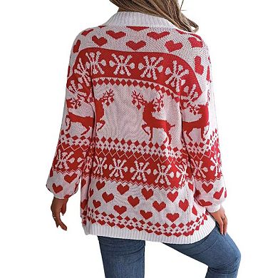 Women's Christmas Cardigan Deer Pocket Long Sleeve Soft Knit Cozy Open Front