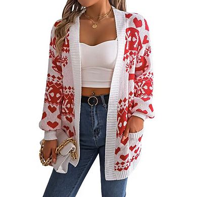 Women's Christmas Cardigan Deer Pocket Long Sleeve Soft Knit Cozy Open Front