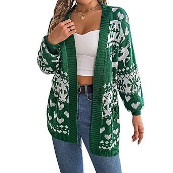 Women's Christmas Cardigan Deer Pocket Long Sleeve Soft Knit Cozy Open Front