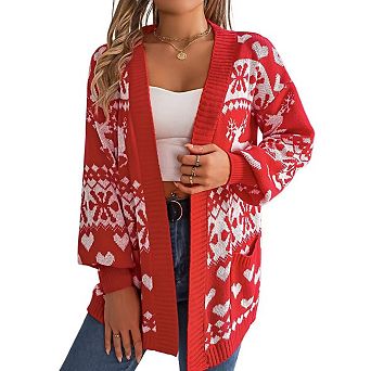 Women's Christmas Cardigan Deer Pocket Long Sleeve Soft Knit Cozy Open Front