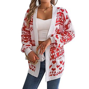 Women's Christmas Cardigan Deer Pocket Long Sleeve Soft Knit Cozy Open Front