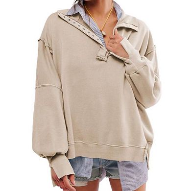 Women's Loose Casual Baggy Button Henley Pullover Tops High-Low Slits Fashion Clothing