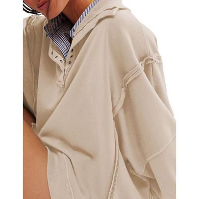 Women's Loose Casual Baggy Button Henley Pullover Tops High-Low Slits Fashion Clothing