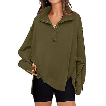 Women's Loose Casual Baggy Button Henley Pullover Tops High-Low Slits Fashion Clothing