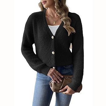 Womens Long Sleeve V Neck Cardigan Button Down Sweater Tops