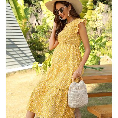 Women Maternity Flutter Short Sleeve Summer Dress Smocked Crew Neck Casual Midi Dress Baby Shower